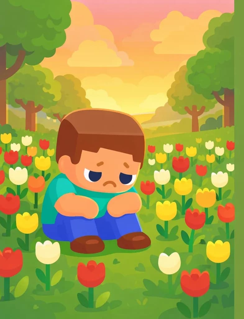On the left-center of the image, Steve is slumped on the ground among a field of colorful tulips, sitting with his elbows on his knees and his head drooping in frustration and exhaustion. His expression is annoyed and defeated — he hasn't found a single hint of Alex. Red, yellow, and white tulip blooms create a sea of color around him, but he doesn't care. The scene is set outdoors in a warm golden-hour meadow dotted with tulips, bordered by tall leafy trees under a sky with golden and pink-tinged clouds. The right side of the image is mostly open green grass and a tree trunk, providing clear space for text overlay.