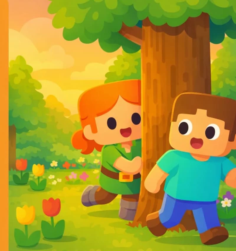 On the right side of the image, Steve stands facing a large tree trunk, his eyes wide with excitement and surprise as he spots something. Partially hidden behind the tree, Alex peeks out — her leg and part of her green tunic and orange hair visible as she is caught mid-movement trying to dart away to a new hiding spot. The outdoor scene is set in a warm golden-hour garden with colorful tulips and flowers scattered across a grassy area, with lush green trees and a sky with golden and pink-tinged clouds in the background.