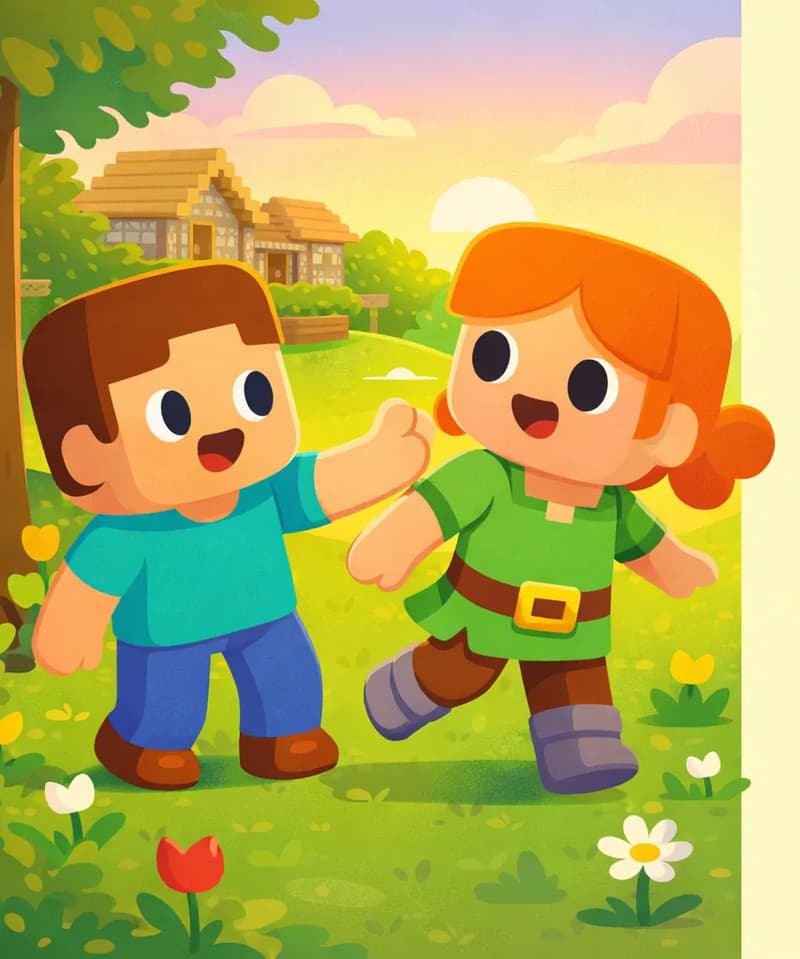 On the left side of the image, Steve is reaching forward and tapping Alex on the shoulder — tag! Alex is caught mid-turn with a surprised, laughing expression, her orange hair swinging and green tunic visible as she reacts to being tagged. Steve has a triumphant grin on his face. The scene is set outdoors in a warm golden-hour grassy area dotted with colorful tulips and daisies, with a large tree trunk nearby and wooden houses visible in the background. Pink-tinged clouds glow in the late-afternoon sky. The right side of the image has open space for text overlay.