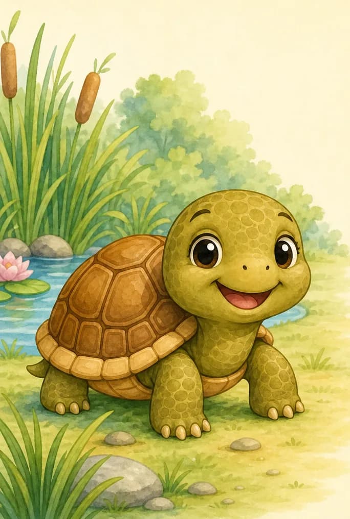 A clear, calm full-body view of a turtle so the reader can see the scaly skin and hard, hollow shell. The turtle stands in a simple natural setting (grass or near water). Mood: gentle and introductory.