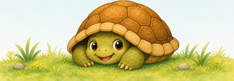 Tatiana with her head and limbs partly tucked into her hollow shell, peeking out calmly — showing how she hides safely. Her posture is relaxed and unhurried. Setting: a quiet patch of grass. Mood: tranquil, safe.
