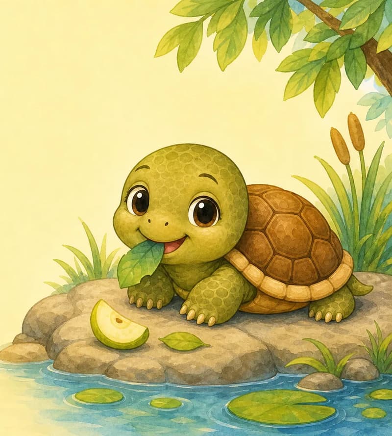 Tatiana munching slowly on a piece of fruit or a leaf, while resting on a sunny rock at the edge of a small pond. A bit of water can be visible to suggest swimming. Mood: peaceful and content.