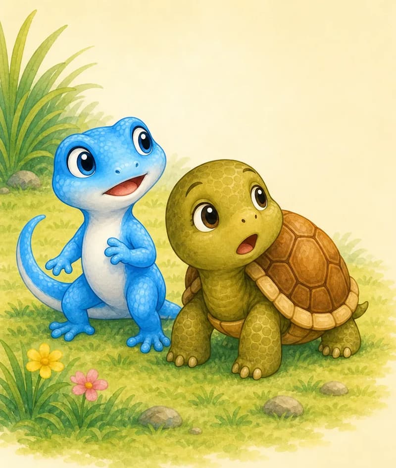 Tatiana, a small bright-blue gecko with a white belly, and Luisa, a young green-brown tortoise with a domed brown shell, together in a sunny grassy spot on the left side of the composition, with a plain warm cream background on the right. Both characters look up and aside with wide eyes and open mouths, surprised expressions as they hear distant barking. Tufts of grass, small stones, and a yellow and a pink flower dot the ground. Mood: playful turning to alert.