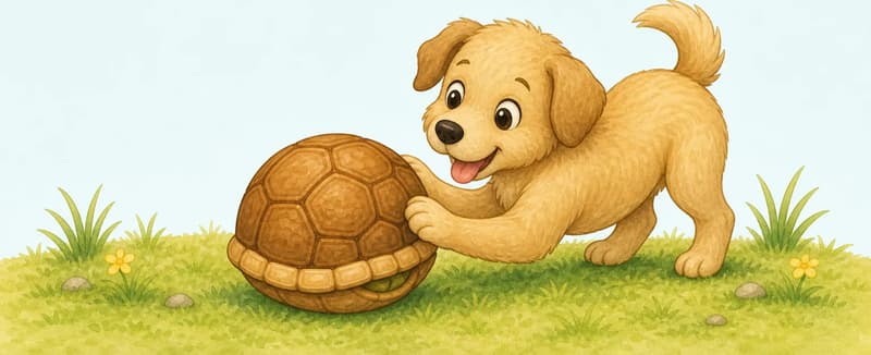 Tatiana is fully retracted into her hard, hollow shell, looking from a distance just like a smooth round shape. The dog stands over her with paws nudging the shell, head tilted, mouth open in a playful pant, mistaking her for a ball. Setting: same grassy spot. Mood: misunderstanding, the dog is playful but Tatiana is hiding fearfully.