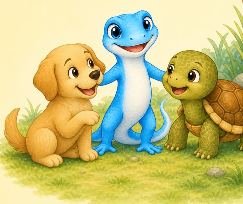 All three friends together, playing happily and gently. Tatiana has come out of her shell with a relieved smile; the dog is sitting down apologetically but happy; Luisa is between or beside them, clearly the peacemaker. Mood: reconciliation, friendship, gentle play.