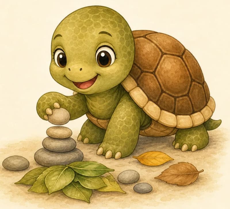 Tatiana is doing a simple task — perhaps slowly sorting a small pile of leaves or carefully arranging a few stones. She is focused but in no rush. Simple background.