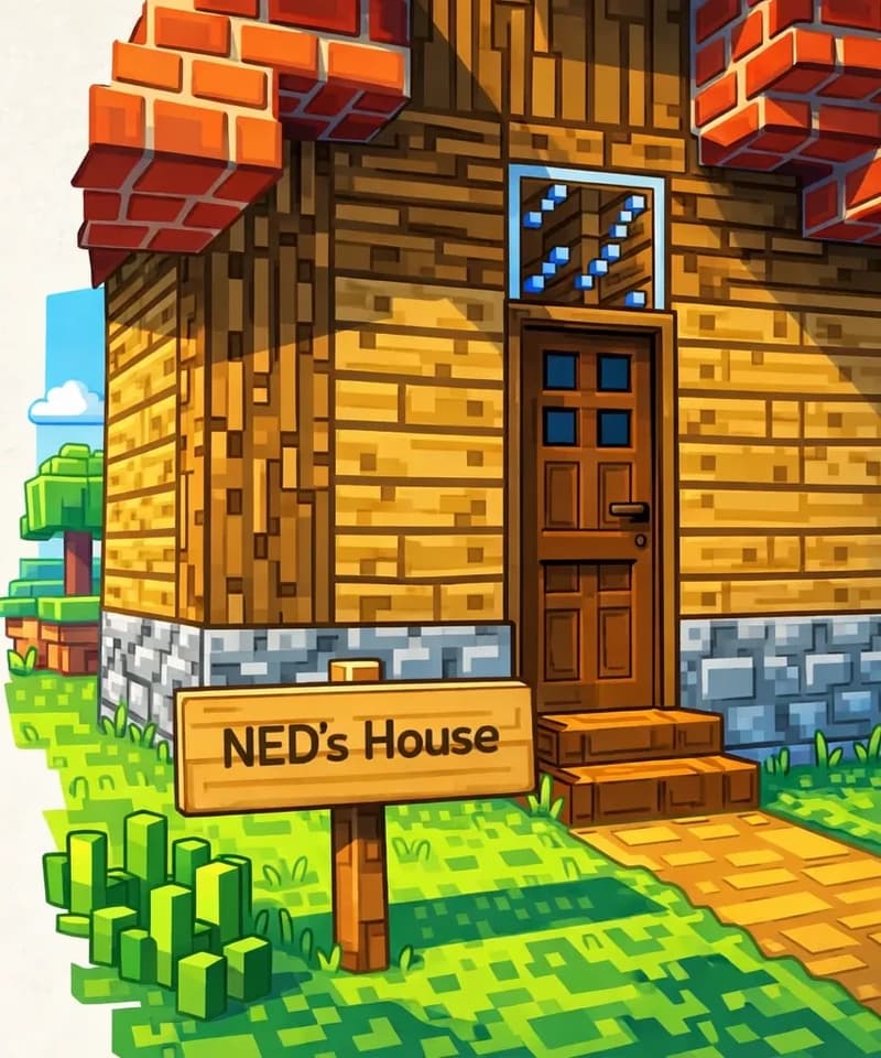 On the right side of the image, a blocky Minecraft-style wooden house is shown from a close-up angle, built with various wood plank and stone block textures, featuring a dark oak doorway and a red brick roof. A wooden sign in the foreground reads "NED's House," planted in green pixelated grass. The left ~40% of the image is a plain light background reserved for text. No characters are visible in the scene.