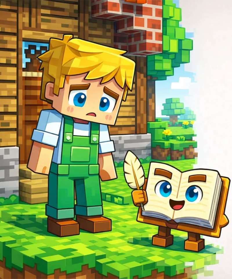 On the left side of the image, Ned stands in front of a wooden house with red brick details, looking down with a worried, uncertain expression and a small open frowning mouth. He has a large square head with short golden-blond hair with side-swept bangs, large round bright blue eyes with dark brown eyebrows, and wears a white short-sleeved t-shirt under green overalls with visible front pocket details and brown shoes. He stands upright with arms slightly out. The Book stands on the grass at his feet on its two short blocky brown legs, its open cream pages facing up toward Ned, with large round bright blue eyes, dark brown rectangular eyebrows, a small open smiling mouth, and holding a tan golden quill feather pen in its right hand. The scene is set outdoors in daylight on a blocky grassy yard beside the wooden and brick house, with a low gray stone wall, a leafy green blocky tree by the house, and a smaller tree, yellow flowers, and blue sky with a white cloud in the distance. The right ~50% of the image is plain white/light background, clear of characters or detail.