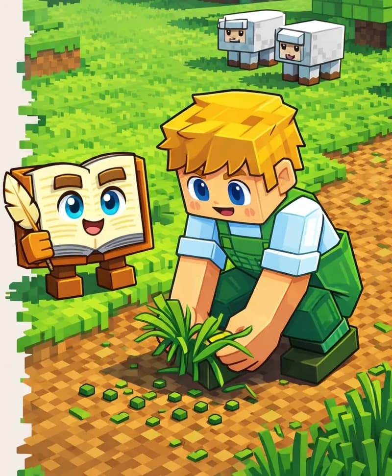 On the right side of the image, Ned is seen from a slightly elevated angle, crouching or bending down on a dirt path surrounded by patches of tall grass in an outdoor, daytime Minecraft-style setting. He is pulling apart a clump of tall grass with both hands, examining the small hard green seed items that have dropped to the ground. The Book stands nearby to Ned's left on its two short blocky brown legs, open and upright at about Ned's chest height, watching him work. Small green seed items are scattered on the ground around Ned's feet where the grass has been broken. Two white-and-gray sheep are visible in the background on the grassy field.