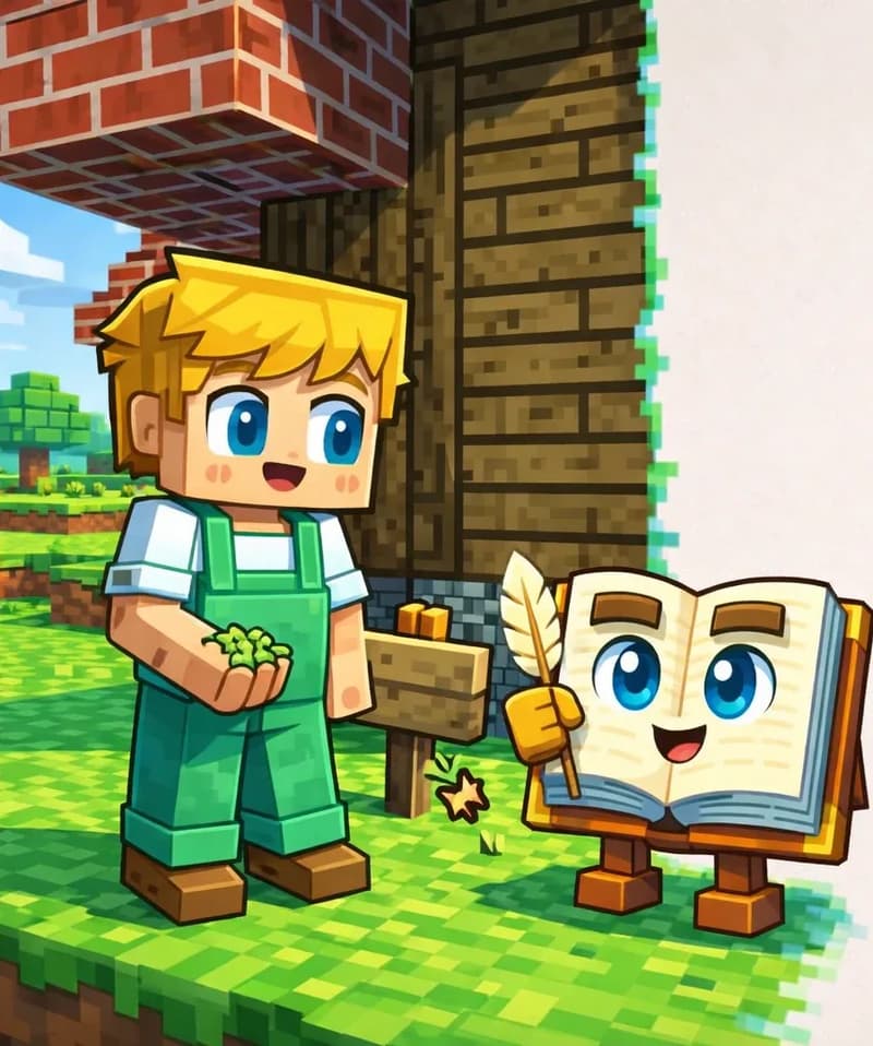 On the left side of the image, Ned, a blocky Minecraft-style boy with bright yellow hair, blue eyes, rosy cheeks, and a happy open-mouthed smile, wearing green overalls over a white short-sleeved shirt and brown shoes, stands on a grassy area beside a wooden and brick house, holding a handful of small green wheat seeds in his outstretched hand. A small blank wooden signpost with no readable text stands on the grass between Ned and The Book. The Book stands on the grass to the right of Ned on its two short blocky brown legs, its open cream pages facing forward, smiling with its large round bright blue eyes and dark brown rectangular eyebrows, holding its tan golden quill feather pen in a small yellow hand. A tiny golden sparkle floats near the base of the signpost. The scene is set outdoors on a bright, sunny day in a Minecraft-style blocky world with green grass, a blocky tree, and blue sky in the background, with the right half of the image a plain pale cream background.