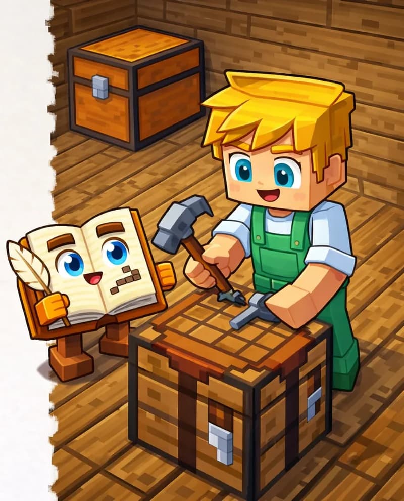 On the right side of the image, Ned stands inside a wooden workshop, viewed from a slightly elevated angle. He has blocky yellow hair and blue eyes, wears a white t-shirt under green overalls, and smiles cheerfully with an open mouth. He is at a crafting table, holding a hammer in one hand while steadying a gray stone tool piece on the table with the other. The workshop has wooden plank flooring and walls, with a single supply chest visible in the background corner. The Book stands beside the crafting table on its two short blocky brown legs, holding a white quill feather, its open pages facing the viewer and showing a cheerful face with blue eyes, brown eyebrows, a smiling mouth, and small pixel block shapes. The left ~40% of the image is plain light background, left clear for text.