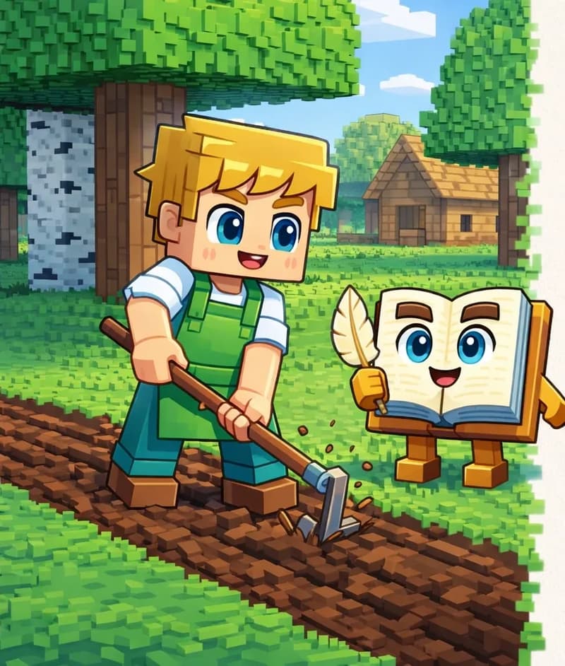 On the left side of the image, Ned stands at a three-quarter angle beside a long strip of freshly tilled dirt with visible grooves, gripping a hoe and dragging it through the soil with effort. He is positioned next to several trees on a green grassy area outdoors in bright daylight, near the wooden house. The Book stands nearby on the grass on its two short blocky brown legs, watching Ned work. The right ~40% of the image is plain background reserved for text.