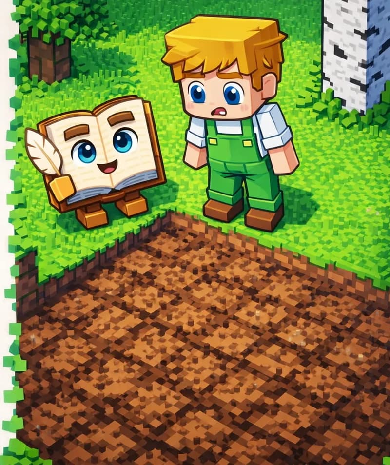 On the right side of the image, viewed from a top-down angle, Ned stands at the upper-right edge of a large patch of dry, tilled soil, looking down at it with a concerned, worried expression. The Book stands on the ground near the edge of the soil patch on its two short blocky brown legs, open pages facing Ned. The scene is set outdoors in a Minecraft-style blocky world, with green grass and birch tree trunks surrounding the dry dirt area. The left ~40% of the image is plain background reserved for text.
