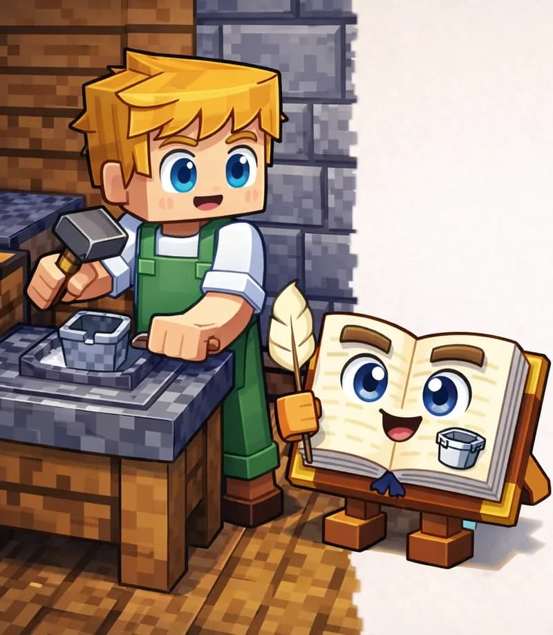 On the left side of the image, Ned stands in a workshop interior, facing a crafting table/workbench, hammering a piece of iron into the shape of a bucket with a determined expression. The Book stands at Ned's side on its two short blocky brown legs, open pages showing a picture of a bucket. The indoor setting has wooden plank flooring and stone-block walls, with storage chests visible beside the workbench. The right side of the image is plain light background. The style is Minecraft-inspired blocky 3D rendering.