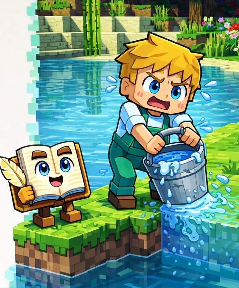 On the right side of the image, Ned stands at the edge of a body of water on a grassy bank, leaning forward with a strained, grunting expression as he lifts a heavy iron bucket full of water out of the clear blue water, his body tilting from the weight. The Book stands on the grass nearby on its two short blocky brown legs, watching. The scene is set outdoors on a sunny day at a beach/waterfront area, with stone steps, green reeds, and flowers visible in the background. The left ~40% of the image is plain light background reserved for text.