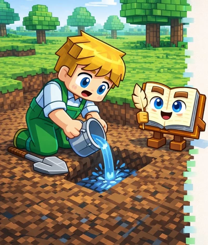 On the left side of the image, Ned is kneeling on a large patch of brown dirt in an outdoor field, tipping an iron bucket of water into a freshly dug hole in the soil, with a hopeful but strained expression. A shovel rests on the ground beside him. The Book stands near the edge of the dirt patch on its two short blocky brown legs, open pages facing Ned. Green grass and several blocky trees fill the background behind the dirt area. The soil around the hole is visibly darkening as it becomes moist from the water. The right ~40% of the image is plain light background reserved for text. The scene is rendered in a Minecraft-style blocky 3D aesthetic with bright daytime lighting.