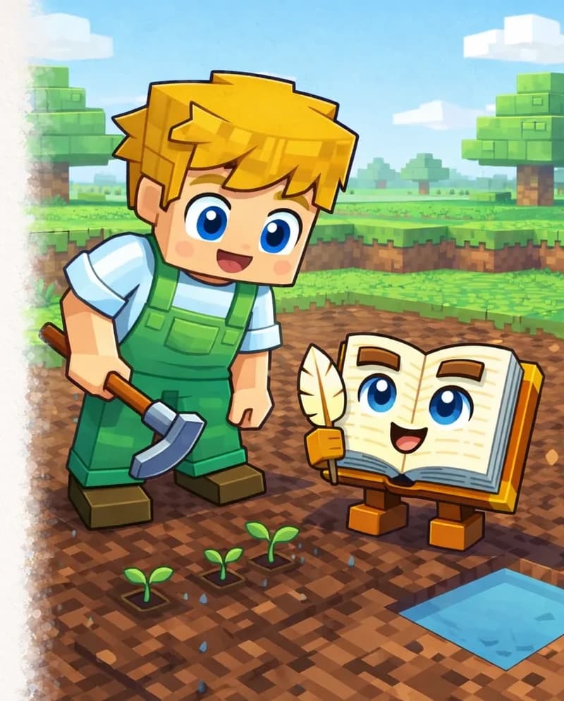 On the right side of the image, Ned stands on a field of tilled dirt, looking down with a curious, pleased expression at small green seedling sprouts poking out of the soil in front of him. He holds a hoe in one hand, having just finished planting. The Book stands nearby to his lower right on its two short blocky brown legs, open pages facing Ned. The scene is outdoors in bright daylight, with patches of green grass visible in the background beyond the farmland. The left side of the image is plain background reserved for text.
