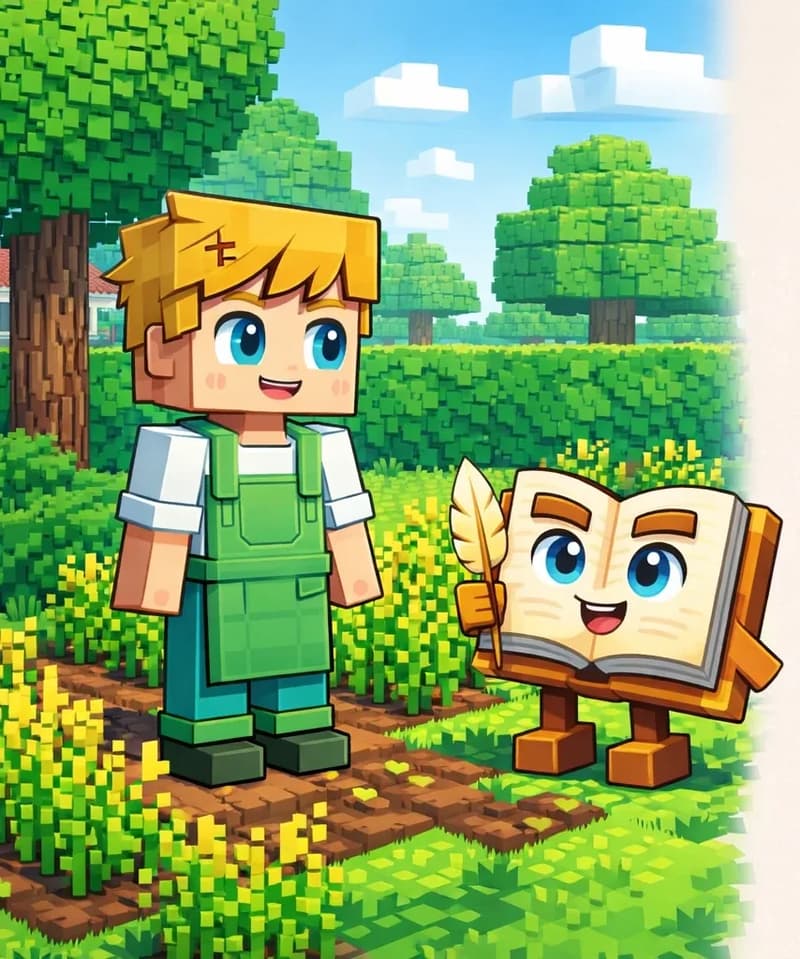 On the left side of the image, Ned stands in a garden beside rows of growing crops (wheat/grain at various stages of growth, some reaching about half his height) planted in tilled soil. He has a calm, attentive expression, looking toward The Book. The Book stands nearby among the crops on its two short blocky brown legs, open pages facing Ned, with its quill pen in hand. The scene is set outdoors in a sunny backyard garden with large trees (including a birch tree) and green hedges in the background, creating a pleasant yard setting near the house. The right ~40% of the image is plain background reserved for text.