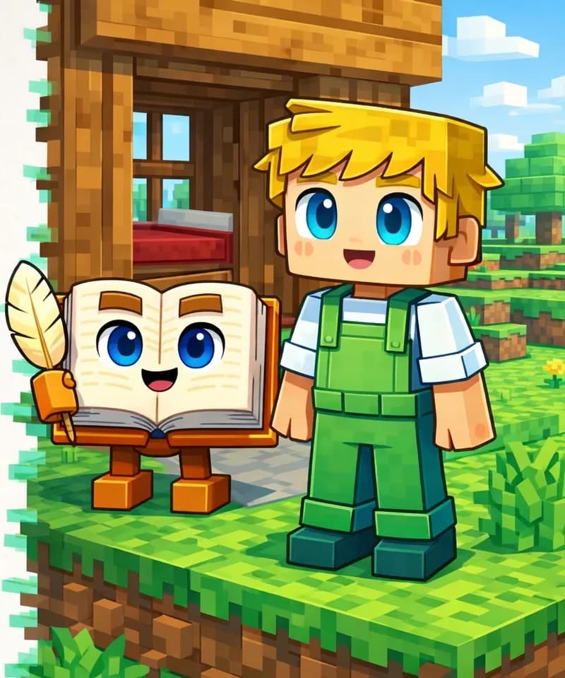 On the right side of the image, Ned stands outside a small wooden shed, smiling happily with an open mouth. He has a large square head, short golden-blond hair with side-swept bangs, large round bright blue eyes, and wears a white short-sleeved t-shirt under green overalls with visible front pocket details and dark green shoes. The Book floats beside him to his left — an anthropomorphic open book with cream pages and a brown hardcover spine, standing on short blocky brown legs, with large round bright blue eyes, dark brown rectangular eyebrows, and a small open smiling mouth on its open pages, holding a tan quill feather pen. Behind them, the shed's interior is visible through a window, showing a red bed inside. The scene is set outdoors on grass in daylight under a blue sky, with the left ~40% of the image left as plain light background for text.