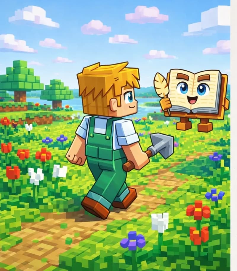 On the left side of the image, Ned walks through a grassy meadow dotted with red, white, and purple wildflowers, seen at a three-quarter angle from behind as he follows a dirt path toward a distant body of water flanked by blocky trees, under a bright daytime sky with pink-tinged clouds. He is holding an iron shovel in his right hand, ready for the digging adventure ahead. The Book floats just ahead of him to his right, open pages facing the viewer with a cheerful expression, holding a feather quill as it calls out to Ned. The right ~40% of the image is a plain light-gray background reserved for text.