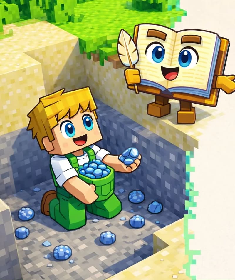 On the left side of the image, viewed from a slightly elevated angle, Ned is kneeling in a gray clay pit, scooping up small blue spheres of clay scattered on the ground with a grin on his face, his pockets visibly stuffed full. The Book floats at the edge of the pit, open pages facing Ned, encouraging him to pick up more. The scene is set outdoors in a Minecraft-style blocky world, with sandy terrain and bright green grass blocks visible in the background. The right side of the image is plain light beige/sandy background.