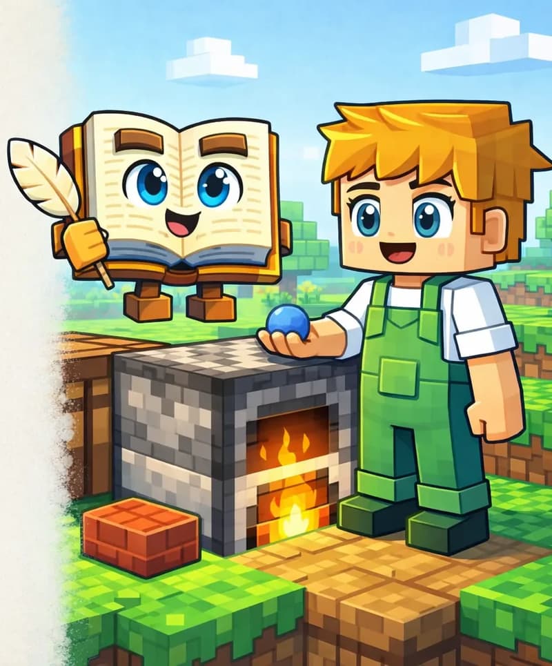 On the right side of the image, Ned stands facing a stone furnace, holding a small round blue clay ball in one outstretched hand near the flames, with a proud smile on his face. A red brick sits on the ground near the base of the furnace, which has visible flames inside. The Book floats beside Ned, open pages facing the viewer, watching the transformation with interest. The scene is set outdoors beside a crafting table, with green grass visible in the background. The left ~40% of the image is plain light background reserved for text.