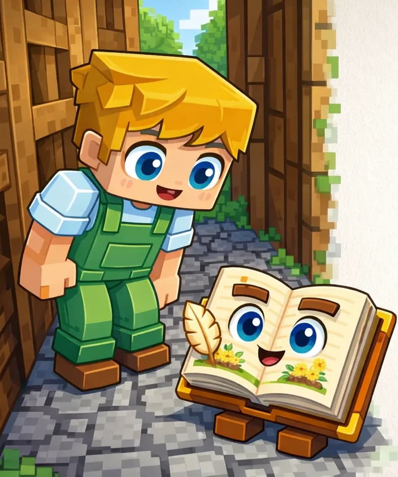 On the left side of the image, Ned stands on a cobblestone path between wooden walls, leaning down with a curious, engaged expression to study The Book, which lies open on the ground beside him. The Book's pages are spread wide showing an illustration of flowers and a round clay pot, its face visible on the open pages with a friendly expression. The scene is set outdoors in a narrow alleyway or workshop area with wooden structures on either side and green foliage visible in the background. The right half of the image is plain light background, clear for text.