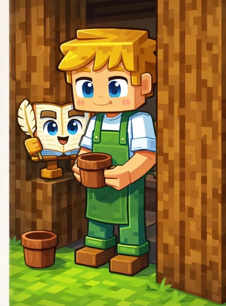 On the right side of the image, Ned stands outside the doorway of a wooden shed, looking down with a calm expression. He is holding a small brown pot in one hand. At his feet near the shed doorway, a second small brown pot sits on the green grass. The Book peeks out from just inside the shed doorway, an anthropomorphic open book with large round blue eyes and a friendly expression on its pages, partially hidden behind the wooden wall. The scene is set outdoors in daylight, with the shed's wooden exterior prominent on the right and a clear plain background on the left.
