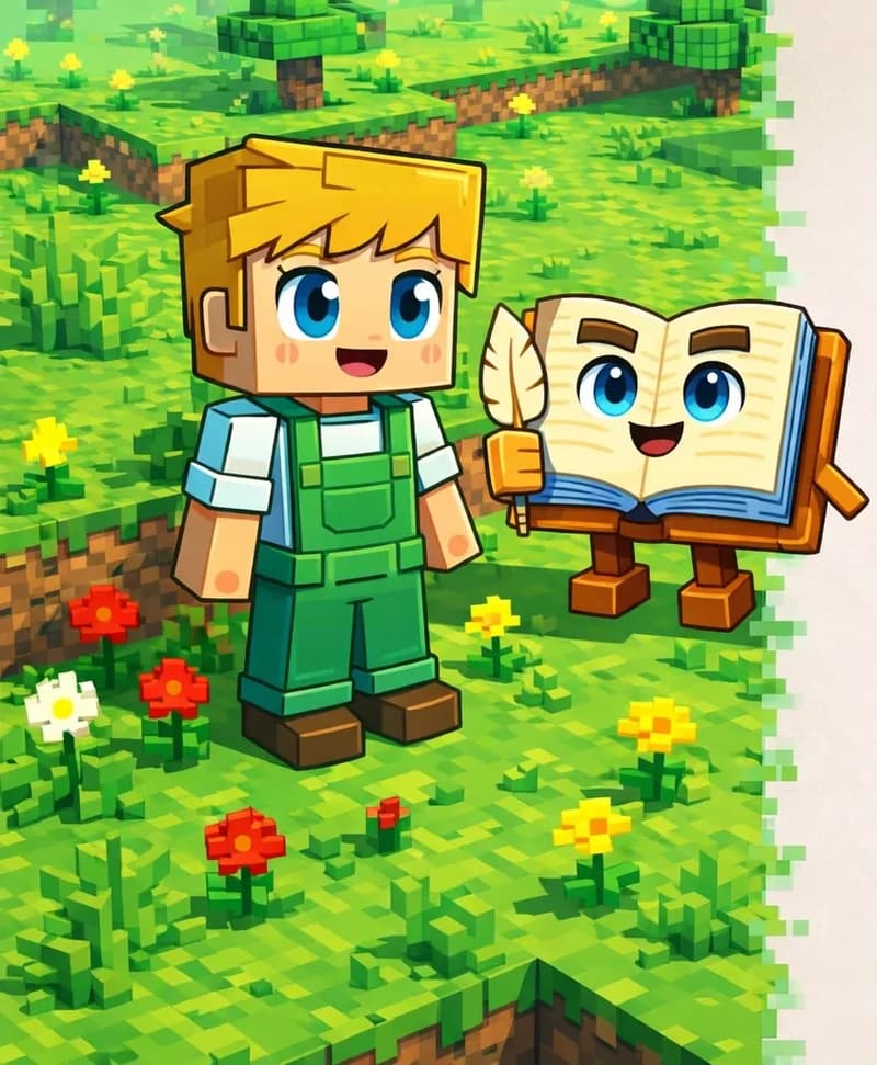 On the left side of the image, Ned stands in an outdoor flower field rendered in a Minecraft/voxel style, viewed from a slightly elevated angle. He faces forward with a happy, admiring expression, surrounded by scattered red and yellow flowers growing from the grassy terrain, with white flowers and tall grass patches nearby. The Book floats beside Ned, open pages facing the viewer, looking pleased at the colorful scene. The scene is set in bright daylight with visible shadows cast across the green landscape, and raised grass-block terrain edges frame the background. The right ~40% of the image is plain beige/cream background, clear for text overlay.