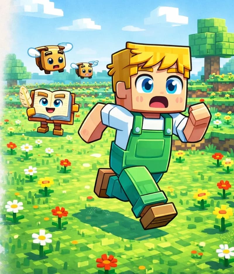 On the right side of the image, Ned is running through a grassy outdoor field dotted with white, red, and yellow flowers, with a panicked, wide-eyed expression, arms pumping as he flees. Several angry bees with visible wings buzz close behind him in pursuit. The Book floats further back in the field, open pages facing the viewer, calling out to Ned. The scene is set in bright daylight on rolling green terrain with trees and hills in the background. The left ~40% of the image is plain light background reserved for text.
