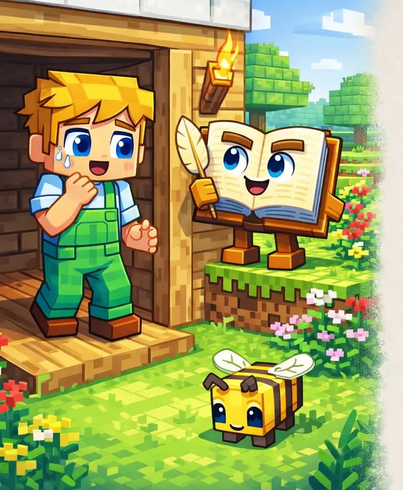 On the left side of the image, Ned stands just inside the open doorway of a small wooden shed, a sweat drop on his cheek and a relieved expression as he catches his breath with one hand raised to his chin. He has blocky blond hair, blue eyes, a light blue shirt, and green overalls. Just outside the shed beside the doorway, the Book stands upright on a grass block, smiling at Ned with raised eyebrows on its open pages and holding a feather quill. A lit torch is mounted on the shed's outer wall above the Book. A single friendly bee sits calmly on the grass in the foreground, smiling and no longer aggressive. The scene is set in a sunny blocky backyard garden with colorful flowers (red, white, pink, and yellow) growing in patches, green cube-shaped trees in the background, and a blue sky with white clouds. The right ~45% of the image is plain light background reserved for text.