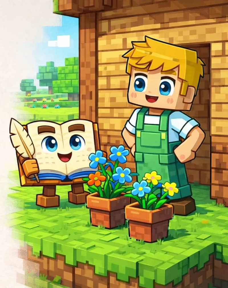On the right side of the image, in a Minecraft-style voxel scene, Ned stands beside the wooden shed, stepping back to admire his work with a satisfied expression. Several terracotta pots filled with blue orchids and other colorful flowers sit on the grassy area at the base of the shed. The Book floats nearby, open pages facing the viewer with a pleased expression, admiring the blue orchids. The left ~45% of the image is plain light background reserved for text.