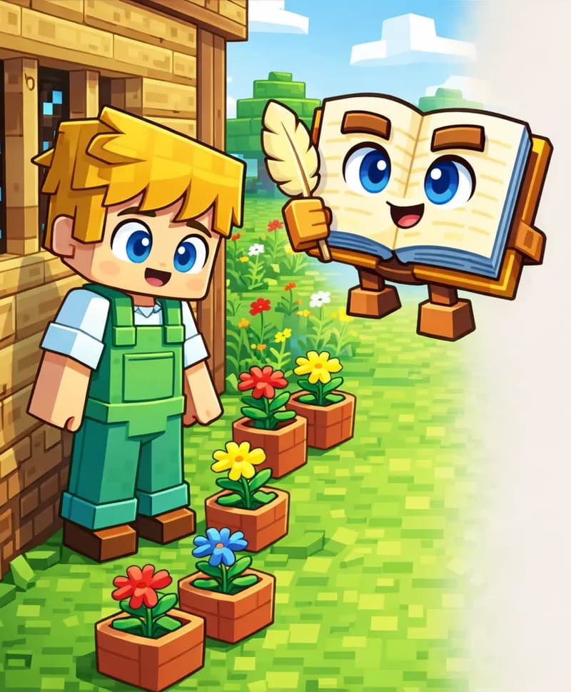 On the left side of the image, Ned stands outdoors on a grassy yard beside a small wooden structure, looking down with a proud expression at several clay pots filled with colorful flowers (red, yellow, blue, and orange) arranged along the base of the building. The Book floats in the air near the wooden wall, open pages facing Ned with a proud, encouraging expression. The right ~40% of the image is plain light background. The scene is bright daylight with a garden of wildflowers visible in the background.