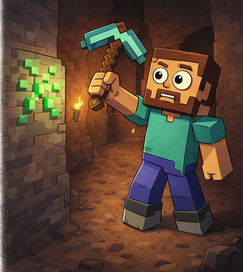 On the right side of the image, Steve, a blocky Minecraft-style figure with a square head, tan/light-brown skin, short dark-brown hair, a full dark-brown beard, and large round white eyes with black pupils, wearing a teal/cyan short-sleeved shirt, deep purple-blue pants, and dark gray boots with lighter gray tops, stands in a dark underground cave holding his cyan diamond pickaxe raised mid-swing in his right hand. He looks toward a bright green emerald ore block embedded in the cave wall to the left, his expression alert and surprised, having just noticed the green flash amid the dark rocky surroundings. The cave is dimly lit with warm torchlight glowing faintly in the background, and rough stone and dirt walls surround the narrow tunnel. Steve faces the viewer at a three-quarter angle.