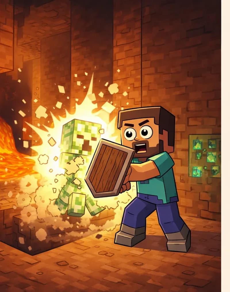 On the left side of the image, inside a dimly lit underground cave, Steve, a blocky Minecraft-style figure with a square head, tan/light-brown skin, short dark-brown hair, a full dark-brown beard, and large round white eyes with black pupils, wearing a teal/cyan short-sleeved shirt, deep purple-blue pants, and dark gray boots with lighter gray tops, stands facing the viewer at a three-quarter angle while holding up a wooden shield defensively, bracing against an explosion blast. Just behind and to Steve's right, Creeper is mid-explosion — its tall green blocky armless form beginning to flash white and expand. Dust and debris fill the air between them. The cave is lit by a warm orange glow from a lava flow visible on the far left wall, with torches providing faint additional light. Stone and dirt walls enclose the scene. On the right side, the emerald ore block is visible in the cave wall, its interior glowing with a strange, deeper green flame-like light flickering like a tiny flame.