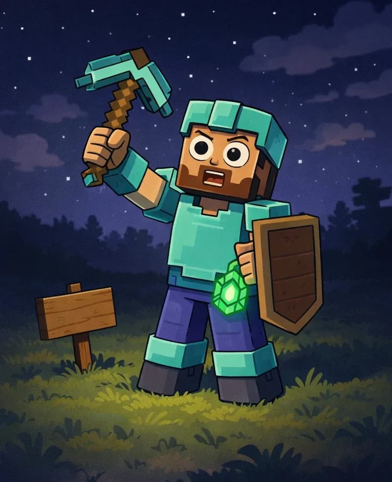 Steve, a blocky Minecraft-style figure with a square head, tan/light-brown skin, short dark-brown hair, a full dark-brown beard, and large round white eyes with black pupils, stands on the right side of the image on a grassy surface at nighttime, wearing cyan diamond armor with a matching helmet, chest plate, and leggings over his canonical teal/cyan shirt and deep purple-blue pants, with dark gray boots with lighter gray tops. He holds a wooden shield at his side and his cyan diamond pickaxe in his other hand, looking around with a surprised, confused expression, facing the viewer at a three-quarter angle. The scene is dark with a starry sky and scattered clouds overhead, and the terrain around Steve is open grassland — a stark contrast to the underground cave he was just in. A wooden sign sits in the dirt nearby to Steve's left. The glowing emerald, with its strange deeper-green inner flame, rests in his hand or at his belt, casting faint green light.
