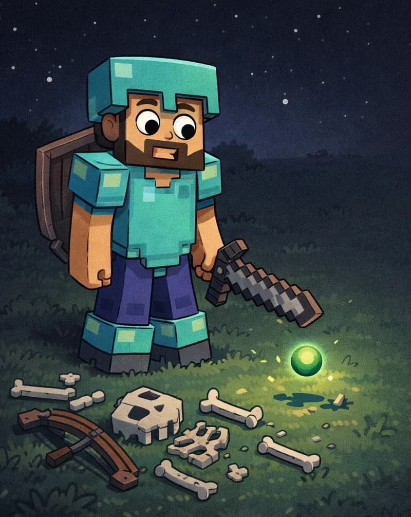 On the left side of the image, Steve, a blocky Minecraft-style figure with a square head, tan/light-brown skin, short dark-brown hair, a full dark-brown beard, and large round white eyes with black pupils, stands on open grassland at nighttime in a post-combat stance, wearing cyan diamond armor with a matching helmet, chest plate, and leggings over his canonical teal/cyan shirt and deep purple-blue pants, with dark gray boots with lighter gray tops. He holds a dark netherite sword in his right hand and looks down at a small green glowing orb of experience floating up from the ground where Skeleton fell. Scattered white skeleton bones and a wooden bow lie on the grass nearby. Steve's wooden shield is strapped to his back. He faces the viewer at a three-quarter angle with a satisfied expression. The scene is dark with a starry sky overhead, with faint moonlight illuminating the grassy terrain. The right side of the image fades into the dark night landscape.