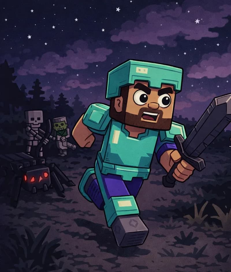 This is a Minecraft-style scene set at nighttime under a starry sky with purple-tinged clouds. On the right side of the image, Steve, a blocky Minecraft-style figure with a square head, tan/light-brown skin, short dark-brown hair, a full dark-brown beard, and large round white eyes with black pupils, is sprinting forward across dark grassy terrain, wearing cyan diamond armor with a matching helmet, chest plate, and leggings over his canonical teal/cyan shirt and deep purple-blue pants, with dark gray boots with lighter gray tops. He holds his dark netherite sword in one hand and has a determined, urgent, slightly alarmed expression as he runs, facing the viewer at a three-quarter angle. Spider can be seen creeping toward Steve from the shadows on the left, its multiple glowing red eyes visible among the dark blocky landscape. Further behind in the mid-ground, a Skeleton stands with its bow drawn and an arrow on the string, and a Baby Zombie riding a Chicken can be seen in the background — the small green zombie perched on the white-feathered chicken. The environment is dim and foreboding, with dark trees barely visible in the low nighttime light.