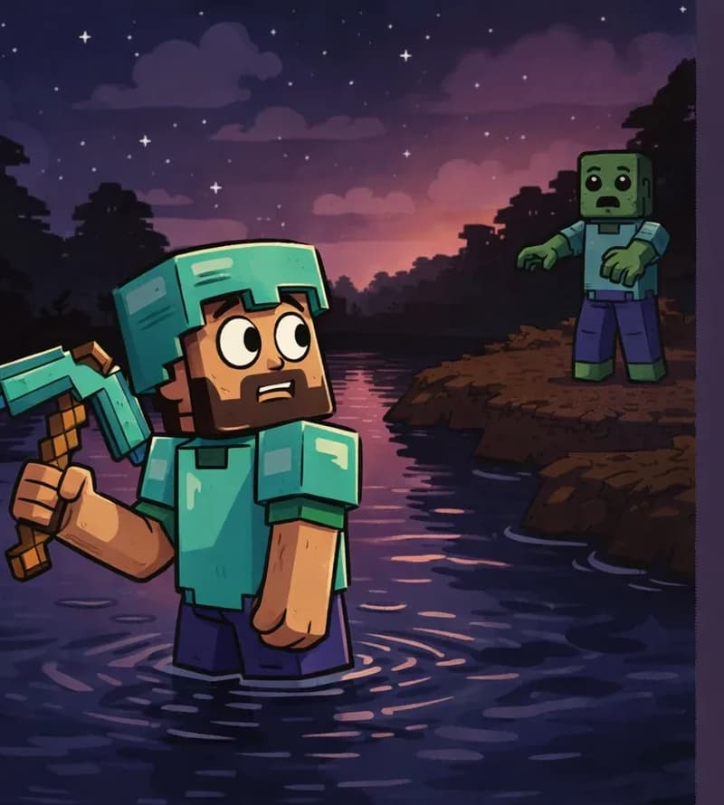 The illustrated scene occupies the left two-thirds of the image, while the entire right side is a large, flat, solid muted-purple panel with no artwork, left blank as empty space for text. In the scene, Steve, a blocky Minecraft-style figure with a square head, tan/light-brown skin, short dark-brown hair, a full dark-brown beard, and large round white eyes with black pupils, is wading through a dark river with water up to his waist, wearing cyan diamond armor with a matching helmet and chest plate over bare tan arms, his dark blue-purple leggings visible just beneath the waterline. He raises a cyan diamond pickaxe with a brown wooden handle in one hand and looks back over his shoulder at a three-quarter angle with a worried, open-mouthed expression. On the dirt riverbank behind Steve to the right, Zombie stands watching with hollow, dull eyes, an open mouth, and outstretched arms, its green-skinned blocky humanoid form stationary, wearing a cyan shirt and blue-purple pants. The scene is set outdoors at nighttime, with a starry sky, dark clouds, a pink-purple glow on the horizon, silhouetted trees, and dark, reflective rippling water filling the foreground around Steve.
