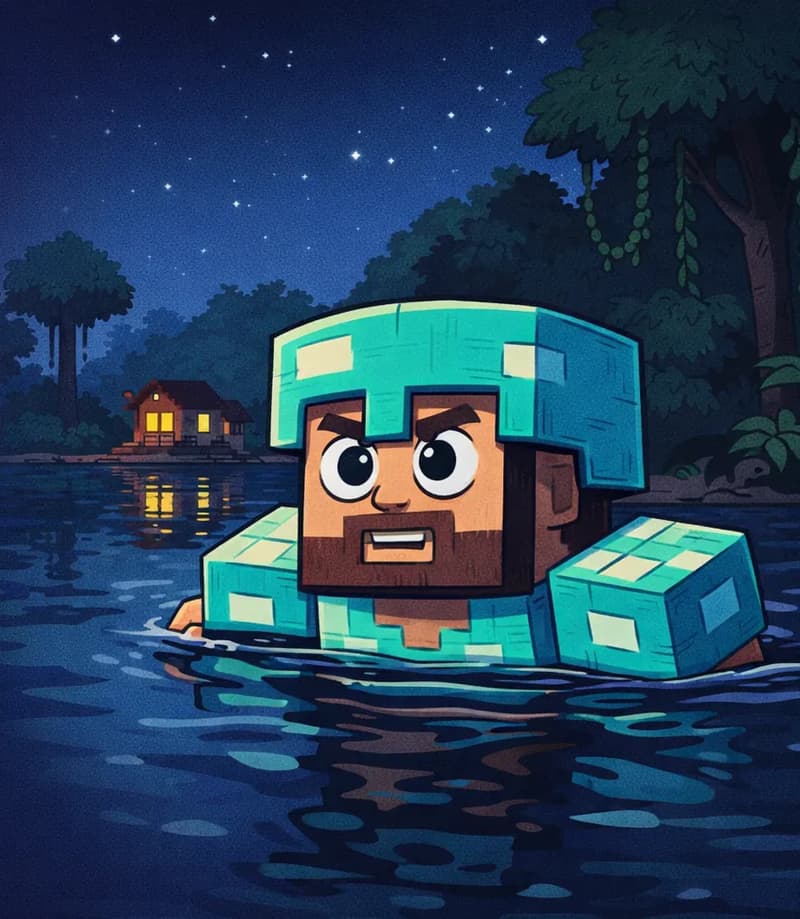 Steve, a blocky Minecraft-style figure with a square head, tan/light-brown skin, short dark-brown hair, a full dark-brown beard, and large round white eyes with black pupils, is swimming in a river at nighttime on the right side of the image, his head and upper body visible above the dark water, wearing cyan diamond armor with a matching helmet and chest plate visible above the waterline. He looks determined and focused, swimming toward the left and facing the viewer at a three-quarter angle. In the background on the left, a small wooden cabin sits near the riverbank among dense tall jungle trees with overhanging vines and thick ferns, its structure reflected in the still water like a painting. The sky is dark nighttime blue with stars overhead, casting a dim, moody light over the jungle-lined river scene.