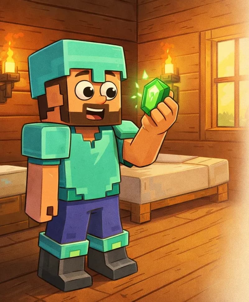 On the left side of the image, Steve, a blocky Minecraft-style figure with a square head, tan/light-brown skin, short dark-brown hair, a full dark-brown beard, and large round white eyes with black pupils, stands inside a small, warmly lit wooden cabin, holding a glowing green emerald up in front of him with one hand, examining it closely with a curious, fascinated smile. Steve wears cyan diamond armor with a matching helmet, chest plate, and leggings over his canonical teal/cyan shirt and deep purple-blue pants, with dark gray boots with lighter gray tops. Two torches mounted on the walls cast warm orange light across the cozy interior. A white bed with woollen covers is visible in the corner behind Steve. Morning sunlight streams in through a window on the right. The emerald glows bright green, and deep inside it a strange, brighter green flame-like light dances visibly. Steve faces the viewer at a three-quarter angle. The right side of the image has warm, sunlit interior background.