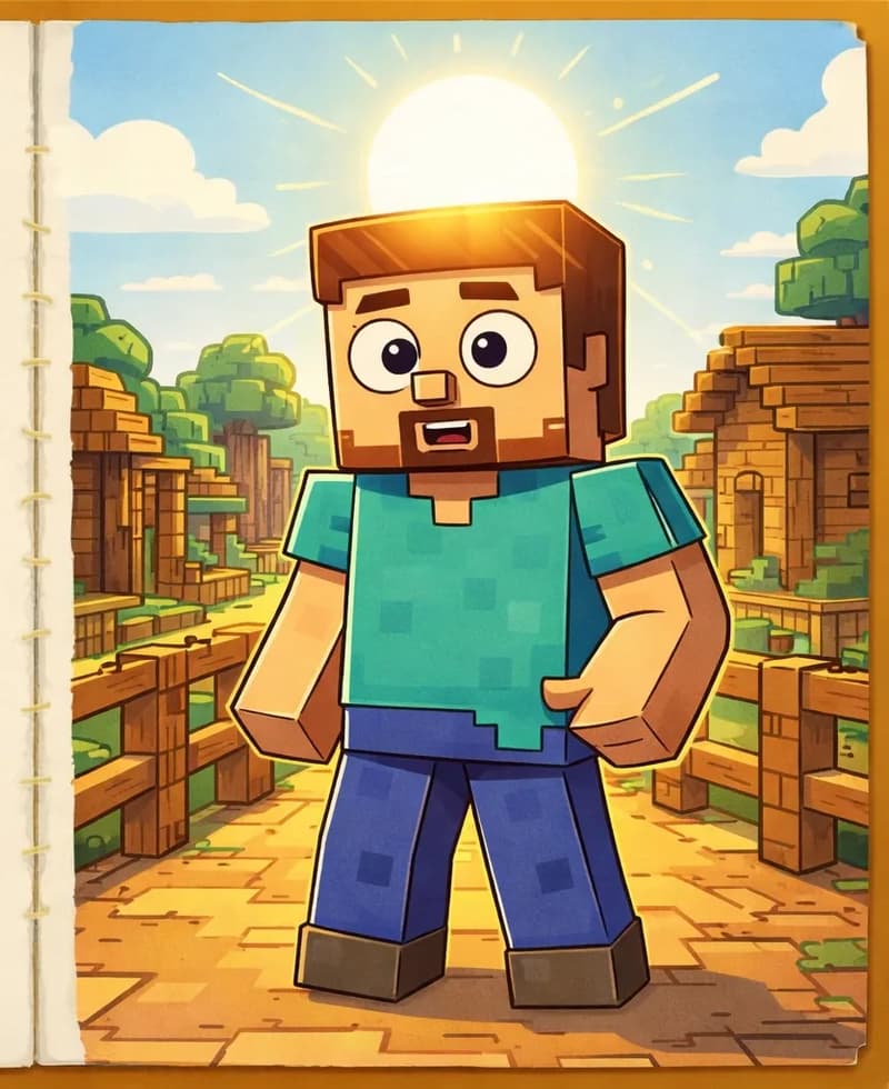 On the right side of the image, Steve stands facing the viewer in a Minecraft village, with the sun high and bright directly behind his head, casting warm golden light and lens flare across the scene. Steve is a blocky, Minecraft-style humanoid with a cube-shaped head, short brown hair, dark brown eyebrows, dark purple-blue eyes, a wide nose, and a short brown beard/goatee on light peach skin. He wears a teal/cyan short-sleeved t-shirt with slightly darker teal patches, blue-indigo pants, and dark gray shoes. He has a neutral, slightly dazed expression, standing still as if snapping out of a trance, one hand hovering near his pocket as though he just shoved something inside. Behind him, wooden village buildings and fences are visible, with trees in the background under a warm midday sky. The left side of the image is plain parchment, left clear for text.