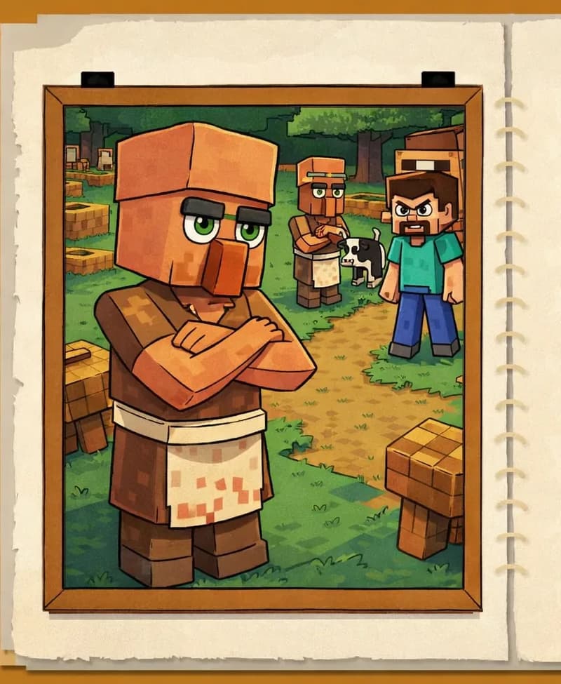 On the left side of the image, Villager stands in the foreground facing slightly to the right with a neutral expression, arms crossed in front of their body. Villager is a Minecraft-style villager with a blocky angular body, large square head, medium-brown skin, a prominent oversized dark orange/terracotta nose, thick dark eyebrows, green eyes, a flat-topped brown head piece, a sleeveless brown tunic/robe with a white belt/sash at the waist, a cream/beige apron with faint reddish-brown spots, and dark brown boots. Behind Villager, a second villager and a cow are visible on a grassy outdoor path. Further back, Steve stands at a slight distance scanning the group, facing the viewer at a three-quarter angle. Steve is a blocky Minecraft-style humanoid with a cube-shaped head, short brown hair, dark brown eyebrows, dark purple-blue eyes, a wide nose, and a short brown beard/goatee on light peach skin, wearing a teal/cyan short-sleeved t-shirt with slightly darker teal patches, blue-indigo pants, and dark gray shoes. The scene is framed within a wooden picture-frame border, set against a parchment/journal-style page with a stitched spine down the center. The right ~40% of the image is plain parchment background with no characters or detail.