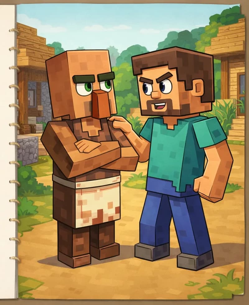 On the right side of the image, Steve stands close to Villager in an outdoor village setting with wooden buildings visible in the background. Steve is a blocky, Minecraft-style humanoid with a cube-shaped head, short brown hair, dark brown eyebrows, dark purple-blue eyes, a wide nose, and a short brown beard/goatee on light peach skin, wearing a teal/cyan short-sleeved t-shirt with slightly darker teal patches, blue-indigo pants, and dark gray shoes. Steve is reaching out and touching Villager's shoulder with one hand. Villager faces Steve with a neutral expression, large dark orange/terracotta nose bobbing slightly as if mid-greeting hum. Villager wears a sleeveless brown tunic/robe with a white belt/sash at the waist, a cream/beige apron with faint reddish-brown spots, and dark brown boots. The scene is set during daytime with warm lighting, and village structures and greenery frame the background. The left side of the image is plain parchment, left clear for text.