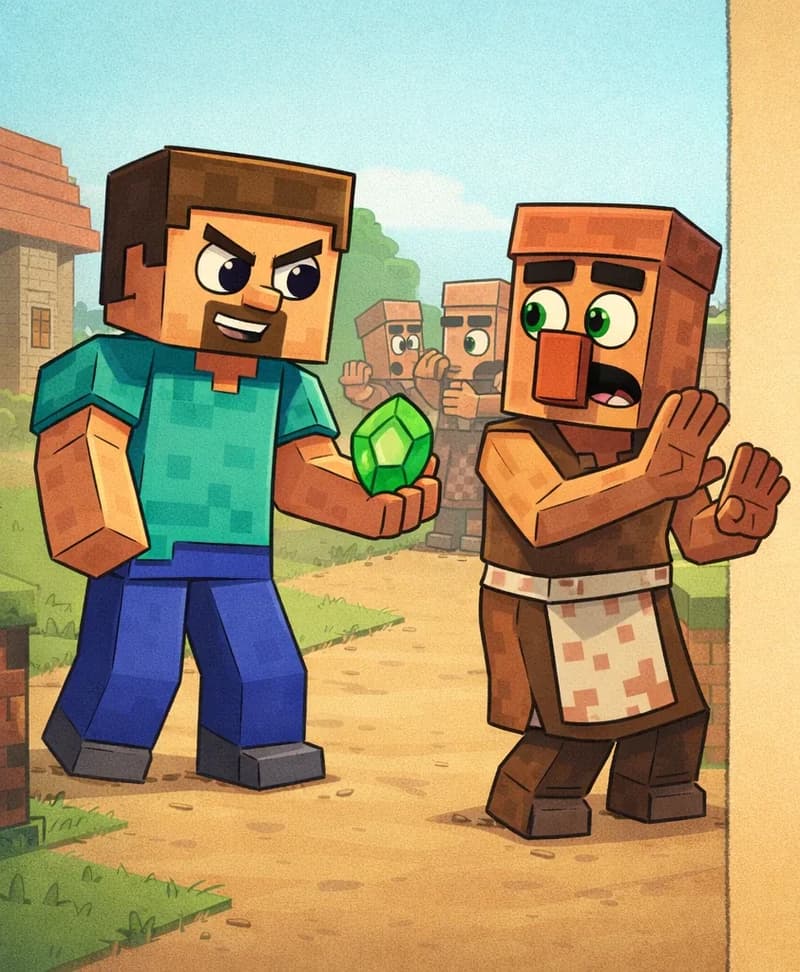 On the left side of the image, Steve stands facing Villager, holding out a glowing green emerald in one outstretched hand. Steve is a blocky, Minecraft-style humanoid with a cube-shaped head, short brown hair, dark brown eyebrows, dark purple-blue eyes, a wide nose, and a short brown beard/goatee on light peach skin, wearing a teal/cyan short-sleeved t-shirt with slightly darker teal patches, blue-indigo pants, and dark gray shoes. Villager leans back nervously, eyes wide with alarm, looking side to side as if seeking an escape. Villager has a blocky angular body, large square head, medium-brown skin, a prominent oversized dark orange/terracotta nose, thick dark eyebrows, green eyes, a flat-topped brown head piece, a sleeveless brown tunic/robe with a white belt/sash, a cream/beige apron with faint reddish-brown spots, and dark brown boots. Several other villagers cluster behind Villager in the background, shuffling restlessly with anxious expressions and raised hands. The scene is set outdoors in the village during daytime. The right ~40% of the image is left as plain parchment for text overlay.