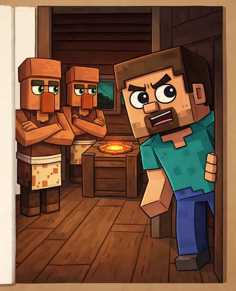 On the right side of the image, Steve peers through the doorway of a wooden hut, leaning forward with one hand gripping the door frame, his mouth open and brows furrowed in an alarmed, indignant expression. Steve is a blocky, Minecraft-style humanoid with a cube-shaped head, short brown hair, dark brown eyebrows, large dark eyes, a wide nose, and a short brown beard/goatee on light peach skin, wearing a teal/cyan short-sleeved t-shirt with slightly darker teal patches, blue-indigo pants, and dark gray shoes. Inside the hut, two Villagers stand side by side with their arms crossed, both turned so their green eyes are angled toward Steve with stern, unwelcoming looks. The Villagers have the classic Minecraft villager appearance with large dark orange/terracotta noses, thick dark unibrows, flat-topped brown head pieces, sleeveless brown tunics with pale cream apron/sashes around their waists, and dark brown boots. Beside them sits a wooden crafting table with a glowing orange item on its surface, and a small window with a teal-green view is set into the dim wooden wall behind them. The interior has wooden plank walls and floors typical of a Minecraft village building. The left side of the image is plain parchment, left clear for text.