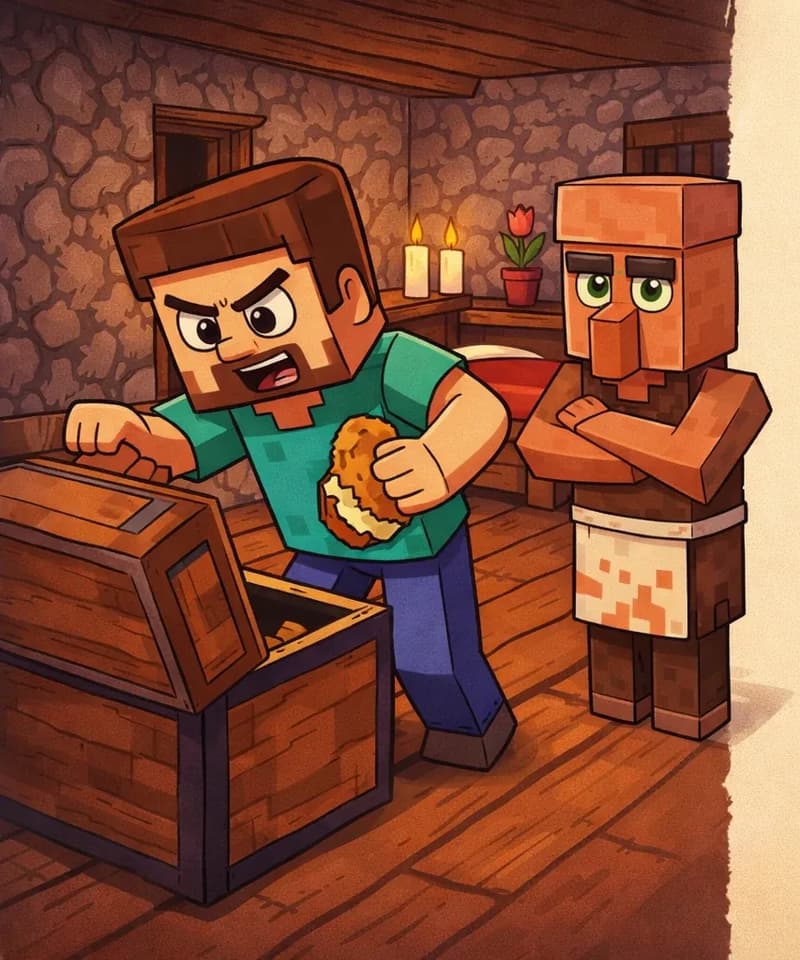 On the left side of the image, Steve stands inside a small house, leaning over an open chest and reaching in with one hand, a piece of bread in his other hand with a bite taken out of it. Steve is a blocky, Minecraft-style humanoid with a cube-shaped head, short brown hair, dark brown eyebrows, dark purple-blue eyes, a wide nose, and a short brown beard/goatee on light peach skin, wearing a teal/cyan short-sleeved t-shirt with slightly darker teal patches, blue-indigo pants, and dark gray shoes. The indoor scene has wooden plank floors, stone walls, candles providing warm lighting, a red bed in the background, and a potted tulip on a surface. A Villager stands nearby inside the house, with the classic blocky angular body, large dark orange/terracotta nose, flat-topped brown head piece, and sleeveless brown tunic. The right side of the image is plain parchment background reserved for text.