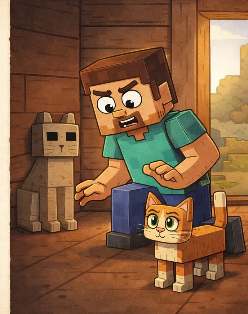 On the right side of the image, Steve kneels inside a dimly lit wooden hut, one hand extended toward a stone cat statue on the floor in the corner. Steve has a surprised, unsettled expression. Steve is a blocky, Minecraft-style humanoid with a cube-shaped head, short brown hair, dark brown eyebrows, dark purple-blue eyes, a wide nose, and a short brown beard/goatee on light peach skin, wearing a teal/cyan short-sleeved t-shirt with slightly darker teal patches, blue-indigo pants, and dark gray shoes. The stone cat statue is shaped like a blocky Minecraft cat but made of cold gray-orange terracotta, sitting perfectly still with blank eyes. Near Steve's knee, a real Cat stands frozen solid and motionless, identical in pose to a living cat but completely still. Cat is a blocky, Minecraft-style cartoon cat with a rectangular body, warm orange-tan fur with white patches on the muzzle, chest, and lower legs/paws, large round green eyes with black pupils, a small pink nose, pointed ears with pink inner ear detail, and an upright curved tail — but its eyes are unblinking and its body is rigid. The hut interior has wooden walls, dim lighting, and an open door letting light in from outside. The left side of the image is plain parchment, left clear for text.