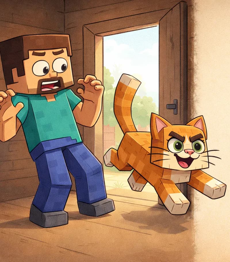 On the left side of the image, Steve stands backing away with a startled, wide-eyed expression, hands raised slightly in surprise, having taken several paces back from Cat. Steve is a blocky, Minecraft-style humanoid with a cube-shaped head, short brown hair, dark brown eyebrows, dark purple-blue eyes, a wide nose, and a short brown beard/goatee on light peach skin, wearing a teal/cyan short-sleeved t-shirt with slightly darker teal patches, blue-indigo pants, and dark gray shoes. Cat is mid-leap bolting energetically toward an open doorway, body stretched out in a wild running pose with an intense look. Cat is a blocky, Minecraft-style cartoon cat with a rectangular body, warm orange-tan fur with white patches on the muzzle, chest, and lower legs/paws, large round green eyes with black pupils, a small pink nose, pointed ears with pink inner ear detail, and an upright curved tail streaming behind. The scene is set inside a dimly lit wooden hut with an open door letting bright daylight spill in from outside. The right ~40% of the image is plain parchment background with no characters or detail.