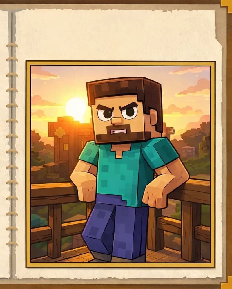 On the right side of the image, Steve stands facing the viewer with a serious, contemplative expression, positioned on a wooden deck or porch and leaning against a wooden fence. Steve is a blocky, Minecraft-style humanoid with a cube-shaped head, short brown hair, dark brown eyebrows, dark purple-blue eyes, a wide nose, and a short brown beard/goatee on light peach skin, wearing a teal/cyan short-sleeved t-shirt with slightly darker teal patches, blue-indigo pants, and dark gray shoes. The scene is set outdoors at sunset, with warm golden-orange light and sun flare streaming from behind, casting Steve partly in silhouette. The sky is painted in gold and orange tones. The overall layout resembles an open journal or storybook, with the illustration framed in a gold-bordered panel on the lower right, and the left side left as blank parchment for text.